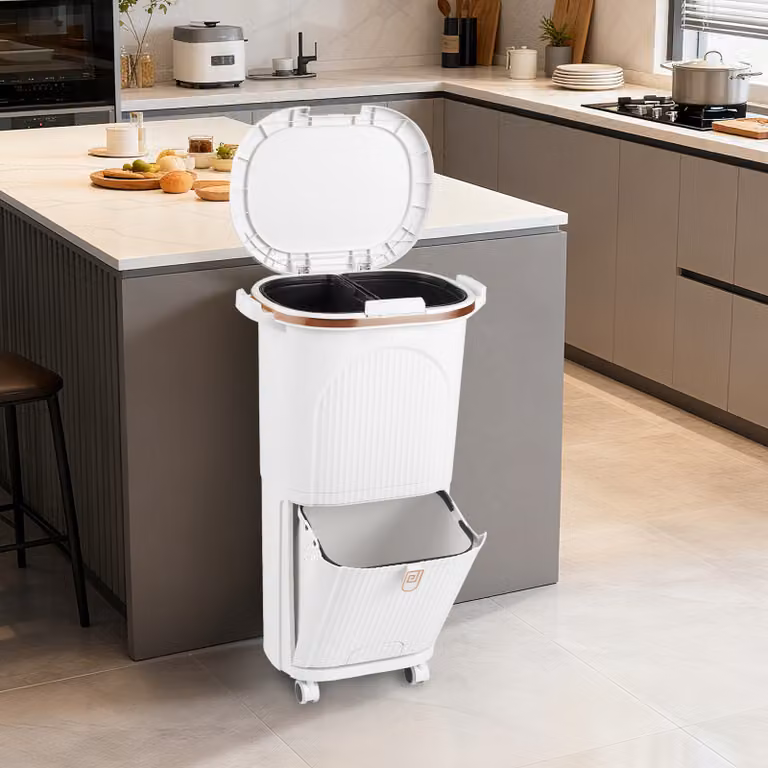 Costway Pattumiera 38L cucina coperchio bidone 2 secchi rimovibili, Pattumiera pedale pratica passo e ruote resistenti Bianco