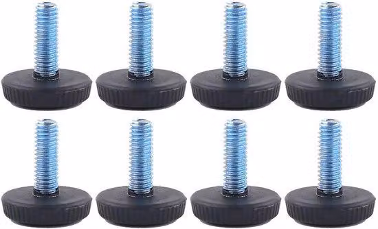 Set di 8 piedini regolabili per mobili, con attacco a vite M6, base in gomma antiscivolo e struttura in acciaio zincato resistente. Altezza totale: 25 mm. Set di piedini per mobili