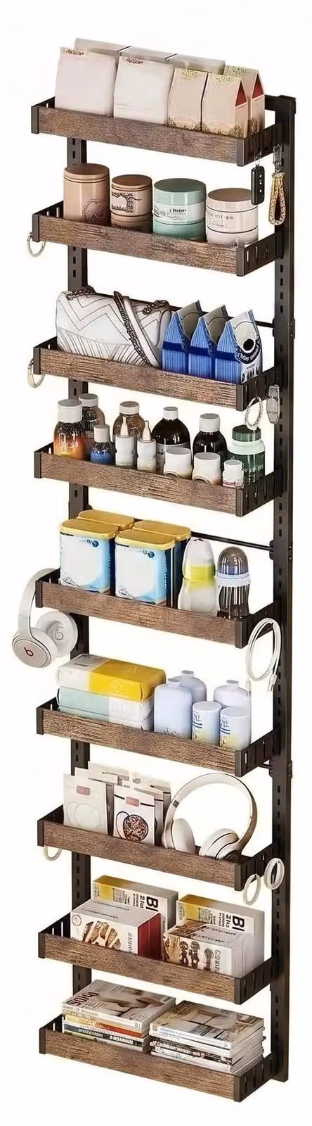 Portaspezie da cucina - Organizer in metallo a 8 ripiani - Regolabile - Montaggio a parete o da porta (2 in 1) - 8 contenitori - Senza foratura - Ideale per dispensa, armadio, bagno - Aspetto legno
