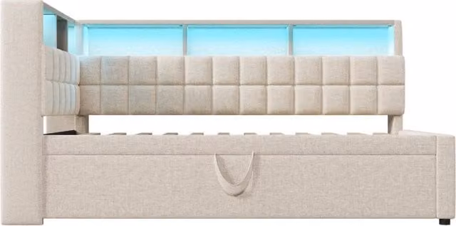Letto imbottito in lino 90x200 con letto estraibile 90x190, LED, altoparlante Bluetooth, USB e Type-C, testiera a L con ripiani, beige, senza materasso
