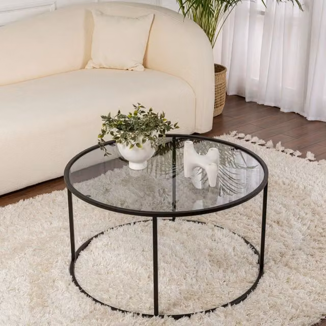 Tavolino da salotto rotondo DMORA con piano in vetro trasparente e struttura in metallo nero, L: 80 cm, P: 80 cm, H: 43 cm
