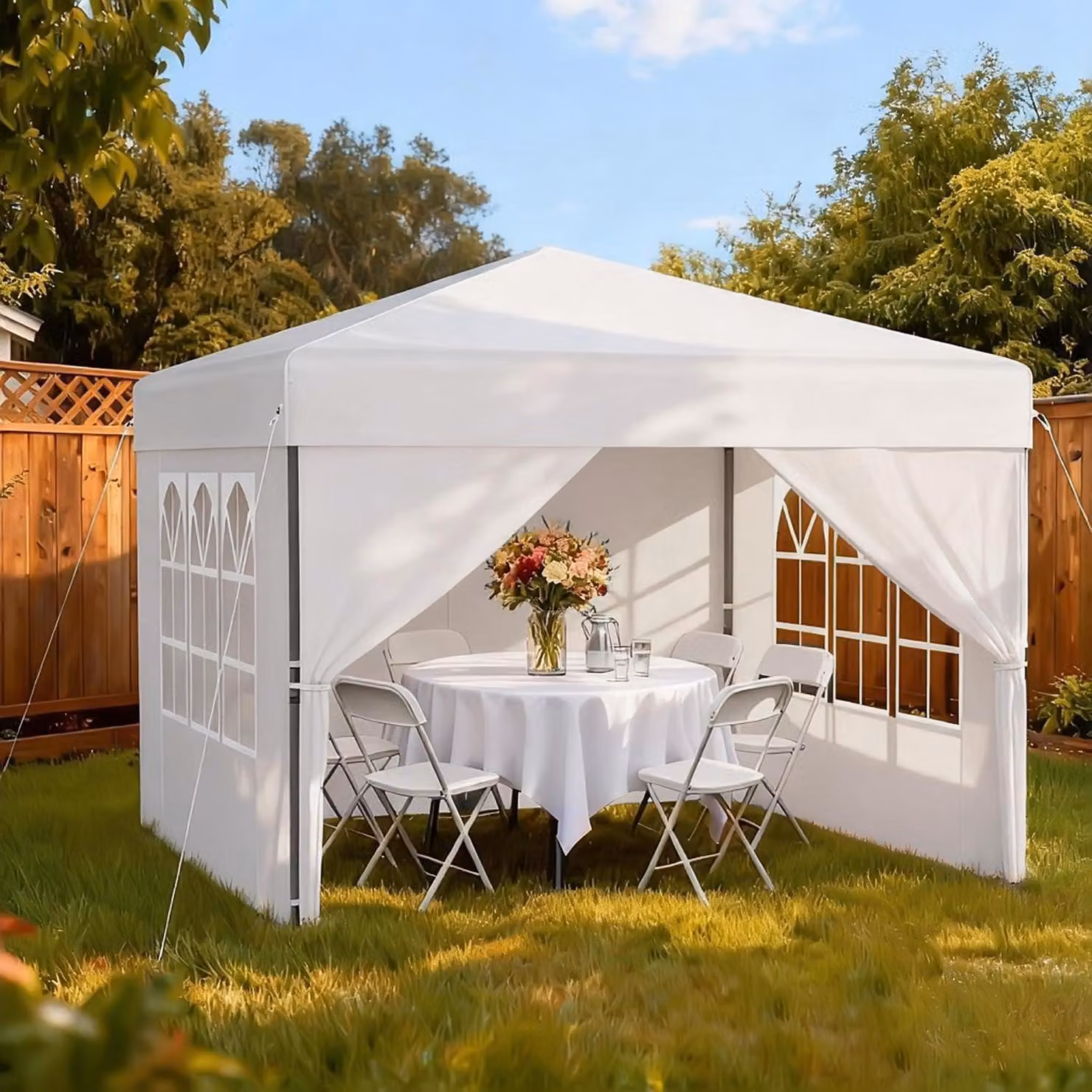 Gazebo da esterno 3x3 metri, impermeabile, stabile, con altezza regolabile e dotato di 4 pareti laterali, colore bianco