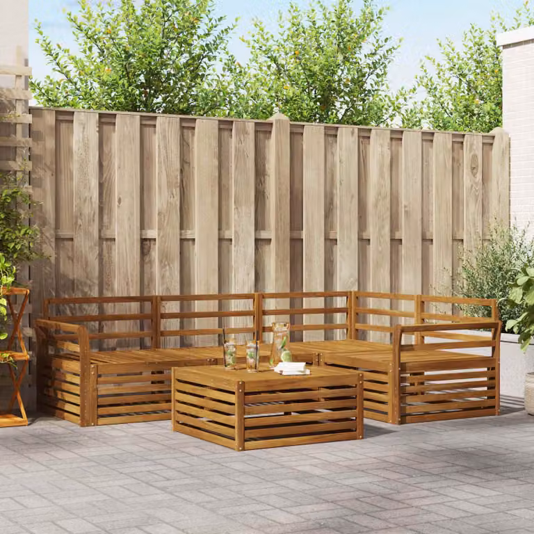 Set di divani da esterno vidaXL in legno di acacia massello marrone con tavolo da caffè e cuscini inclusi, design moderno a forma di L con orientamento a sinistra
