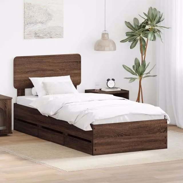 Struttura del letto con cassetto-Giroletto con contenitore-Rete del Letto Quercia marrone 75 x 190 cm 609254
