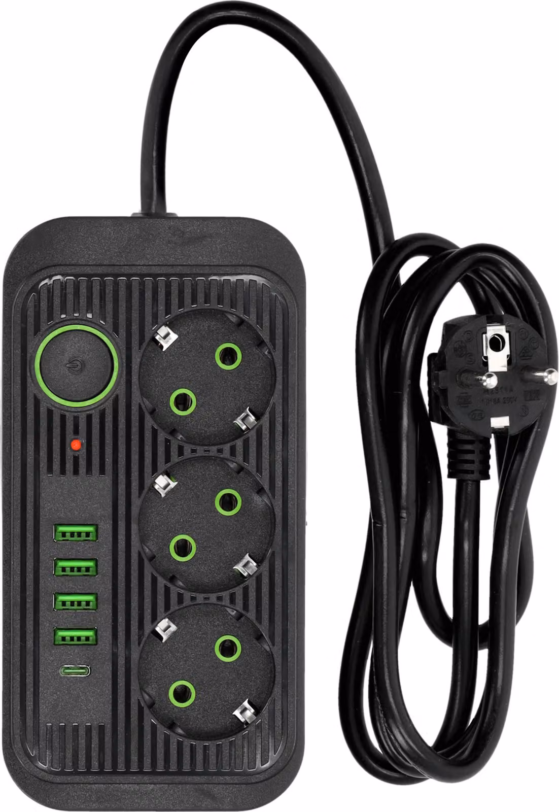 Presa di corrente di prolunga KOBI LINEA PRO Nero Presa di corrente multipla a 3 scomparti con 4xUSB A e 1 USB-C, 2500W presa multipla 10A cavo di prolunga 1,5 m