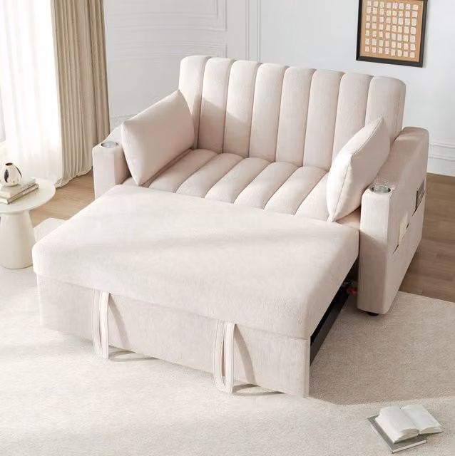 Divano letto 2 posti ULEVR 136x162x84 cm con schienale regolabile, portabevande e tasche laterali, beige