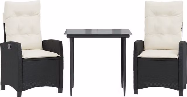 Set da Pranzo da Giardino 3 pz in Polyrattan Nero con Piano in Vetro e Cuscini Bianchi – 1