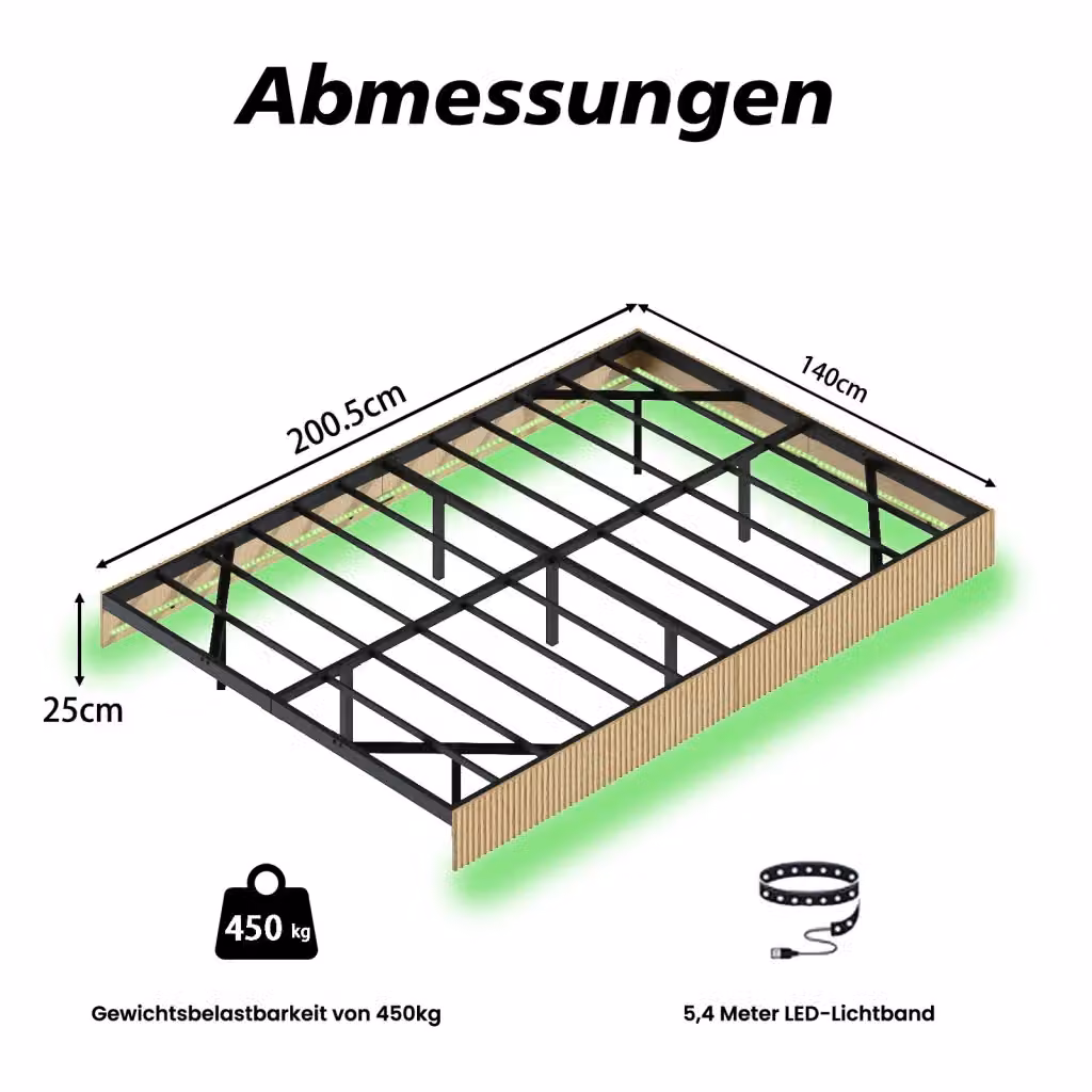 Letto matrimoniale moderno WISHDOR con illuminazione LED sottostante, struttura in legno, MDF e metallo, colore beige, L/P: 140 x 200 cm – 2