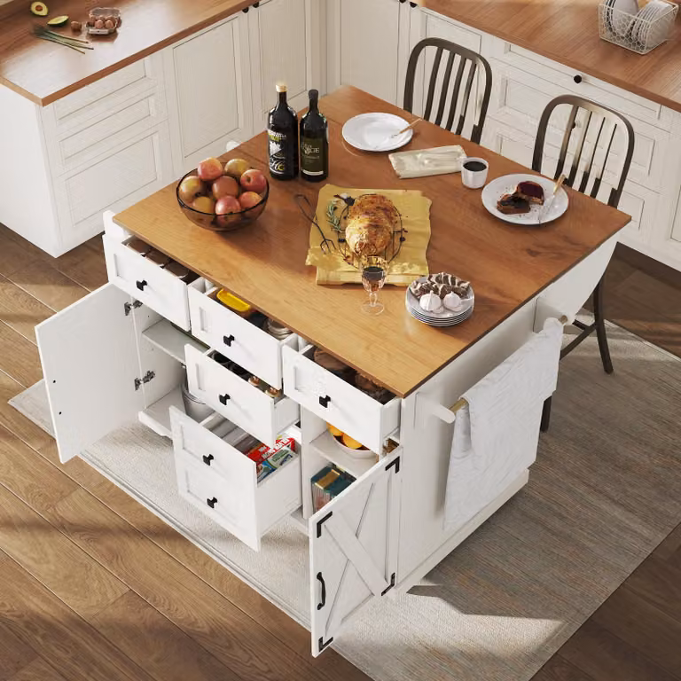 STILVORA isola da cucina con ruote e piano d'appoggio pieghevole, mobile da cucina carrello da cucina con portasciugamani, mobile buffet con cassetti, bianco
