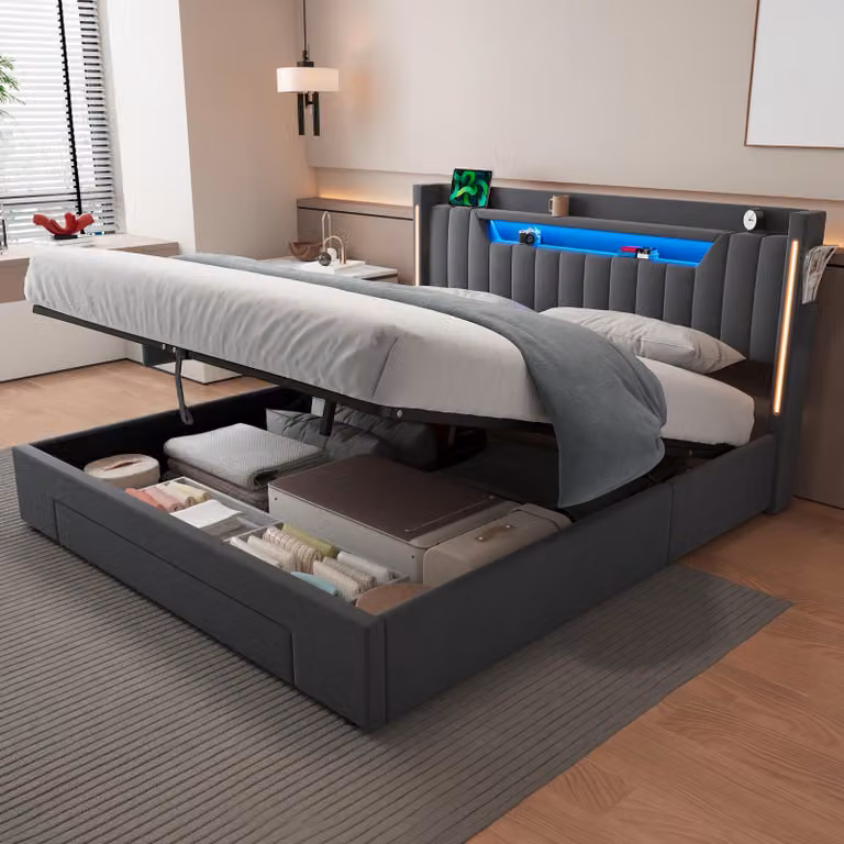 Letto matrimoniale MODFU 160 × 200, rivestito in velluto, con cassettiera integrata, letto per ragazzi con ampio spazio di stoccaggio, luci LED e ripiano imbottito, letto moderno con spazio contenitore, senza materasso, colore grigio