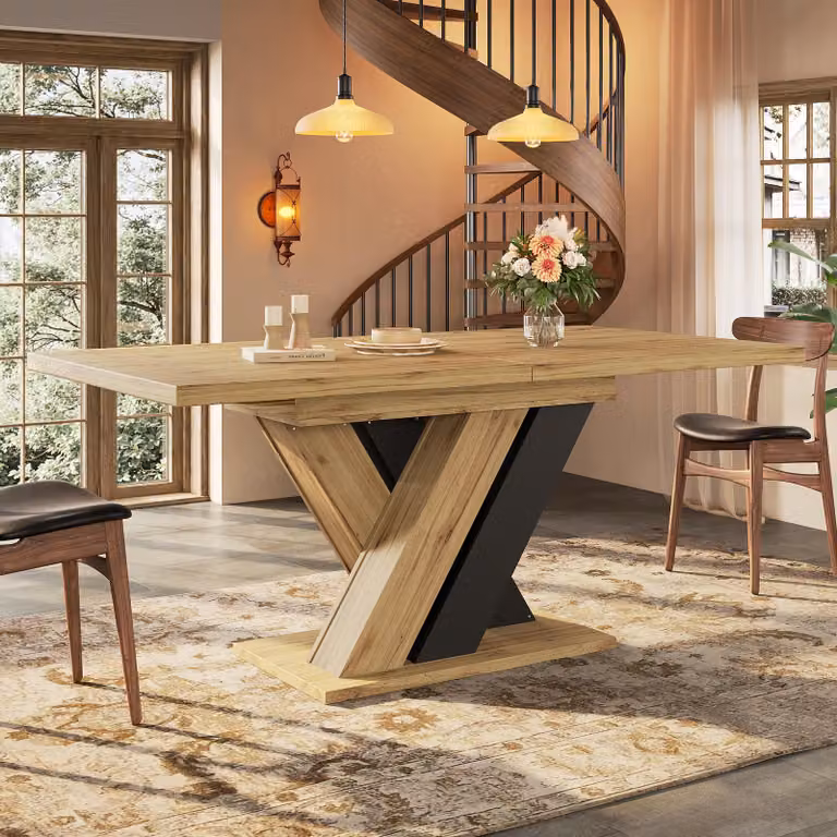 Tavolo da pranzo Flieks telescopico con gambe a X, tavolo da cucina, per cucina e soggiorno, tavolo da pranzo color legno 119-158,5 x 80 x 75 cm, nero + naturale
