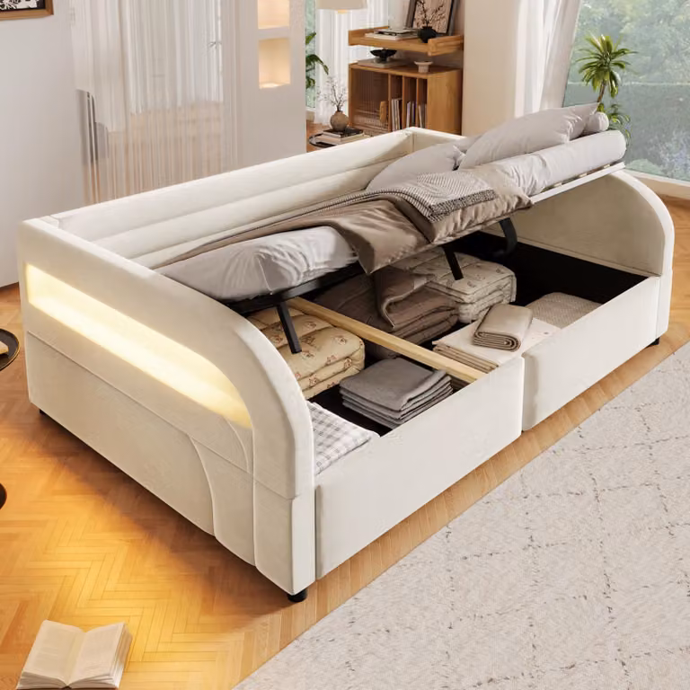 Letto contenitore 140x200 cm, imbottito con rete a molle idraulica, illuminazione LED RGB, rivestito in flanella, con struttura in metallo, colore beige
