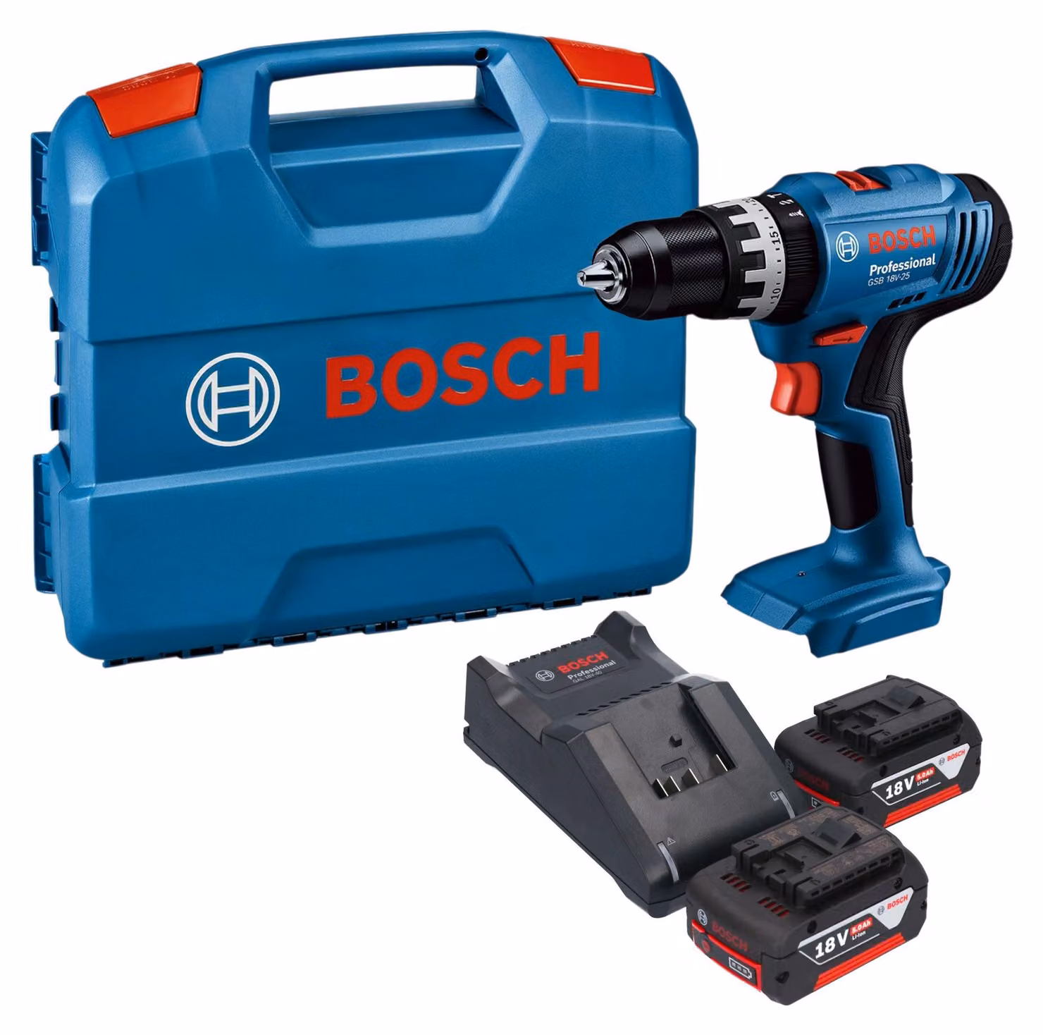 Avvitatore a percussione a batteria Bosch GSB 18V-25 Professional 18 V 56 Nm + 2 batterie da 5,0 Ah + caricabatterie + valigetta L-Case