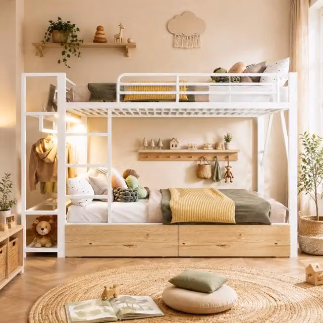 Letto a castello moderno per bambini bianco con illuminazione LED e 2 cassetti L/P/H: 226.5 x 140 x 200 cm
