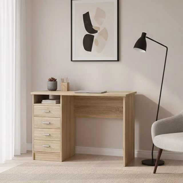 Scrivania moderna DMORA in legno color rovere, L: 110 cm, P: 76 cm, H: 48,5 cm