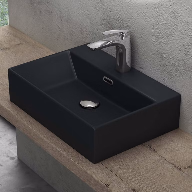 doporro Lavabo da Appoggio Rettangolare Lavandino Bagno Sospeso in Ceramica Nero Opaco 51 cm con Foro Rubinetto e Troppopieno Brüssel206