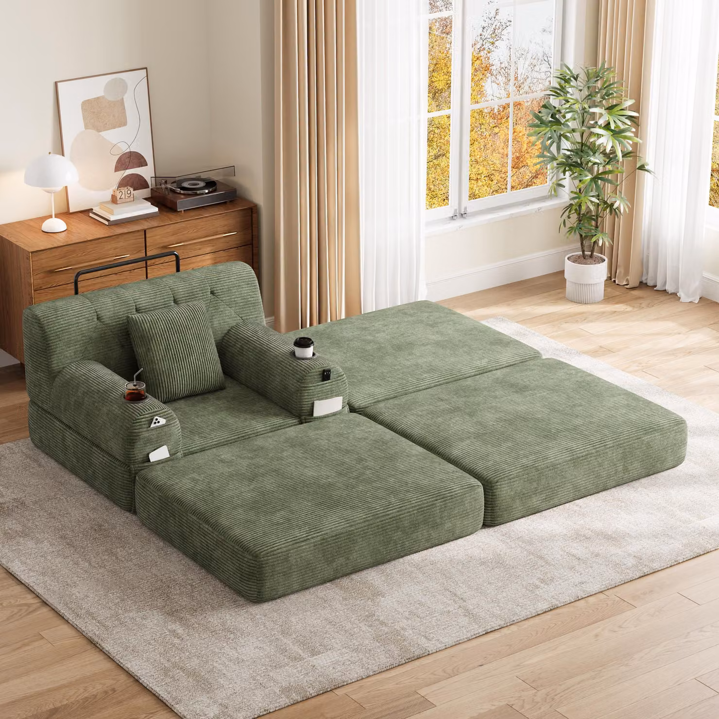 Divano letto MODFU rivestito in tessuto corduroy, divano lounge trasformabile in letto per ospiti, con schienale alto, 4 tasche e 2 portabicchieri, colore verde