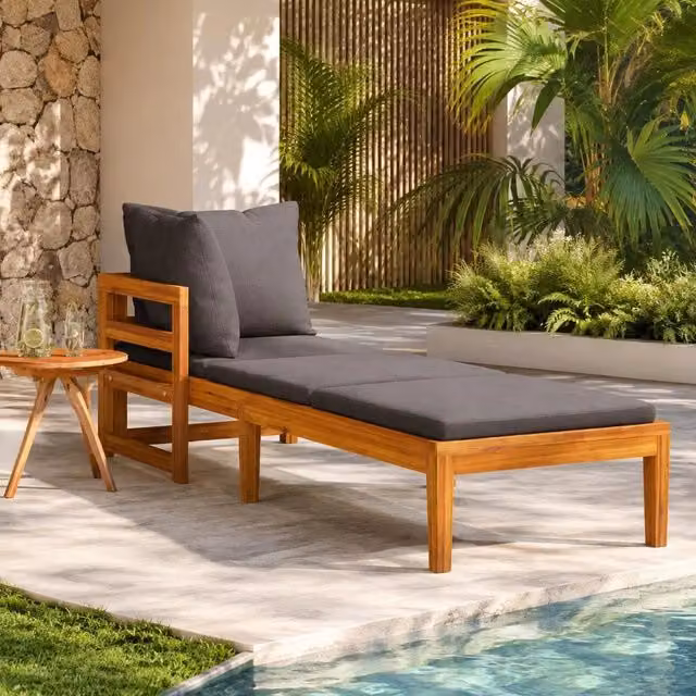 Sun Lounger With 1 Armrest, Dark Grey, Solid Acacia Wood