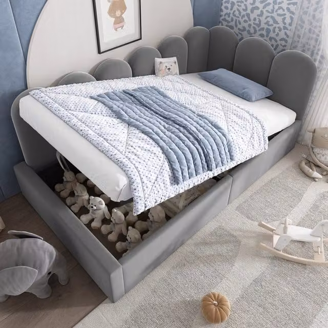 Letto singolo imbottito 90 × 200 cm con vano contenitore e sollevamento idraulico in velluto grigio