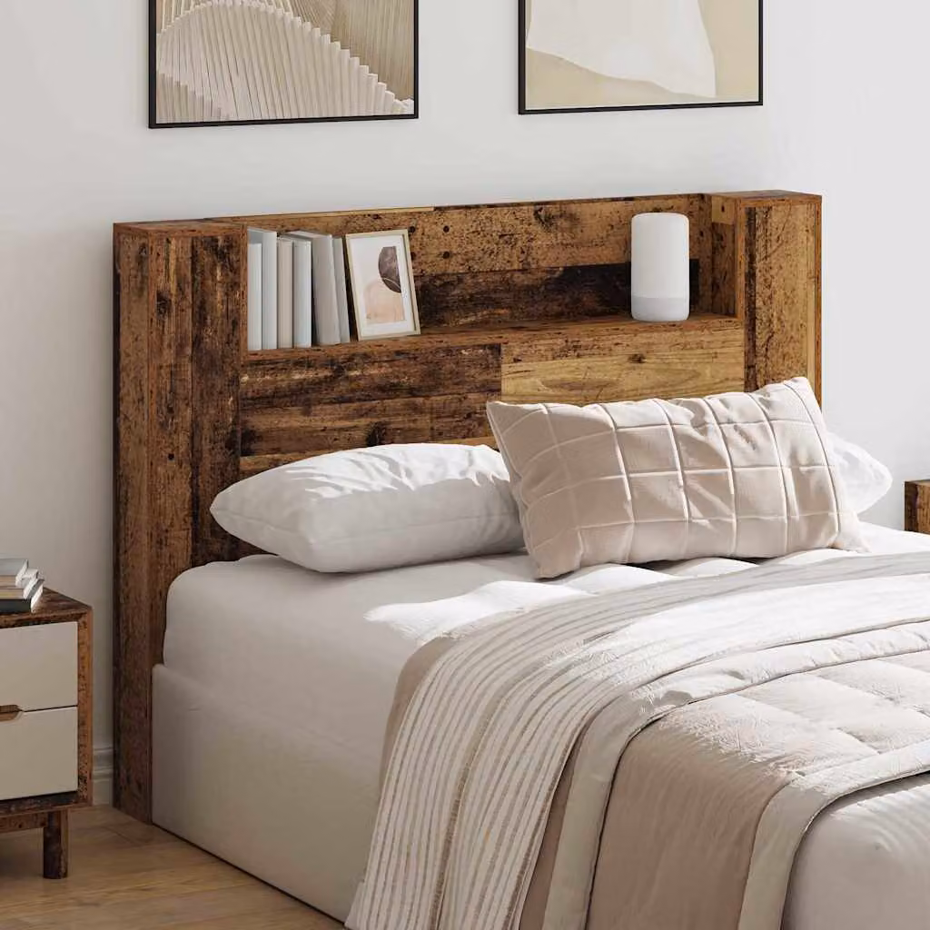 Testiera con stoccaggio vidaXL in legno antico con illuminazione LED, ripiano integrato e porta USB, colore marrone, L: 140,0 cm, H: 104,5 cm, P: 17,0 cm