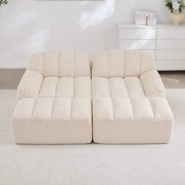 Divano modulare 2 posti senza struttura con 2 pouf in fleece granulato beige bianco HOMVRA