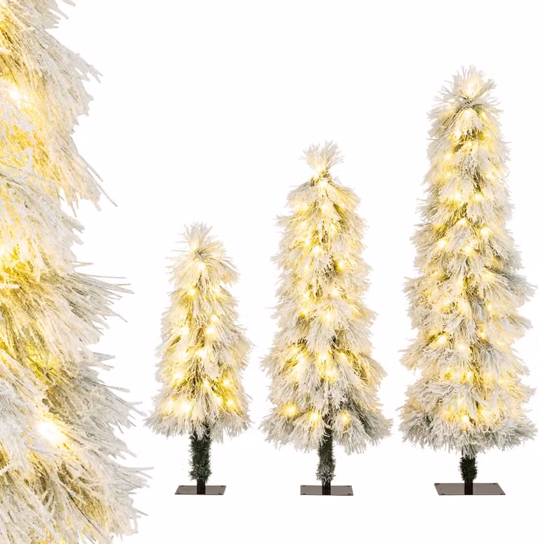 COSTWAY set di 3 alberi di Natale artificiali 90/120/150cm, albero di Natale con neve e luci LED bianco caldo, albero di Natale albero artificiale bianco di Natale