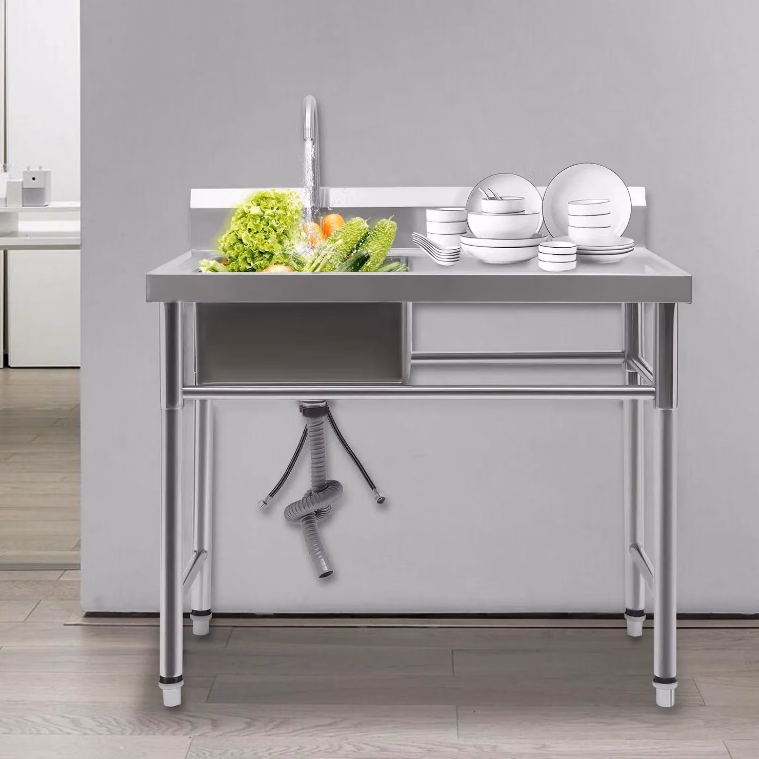 Lavello da cucina in acciaio inox - Vasca singola - Con rubinetto - 1 foro - Da incasso - Argento
