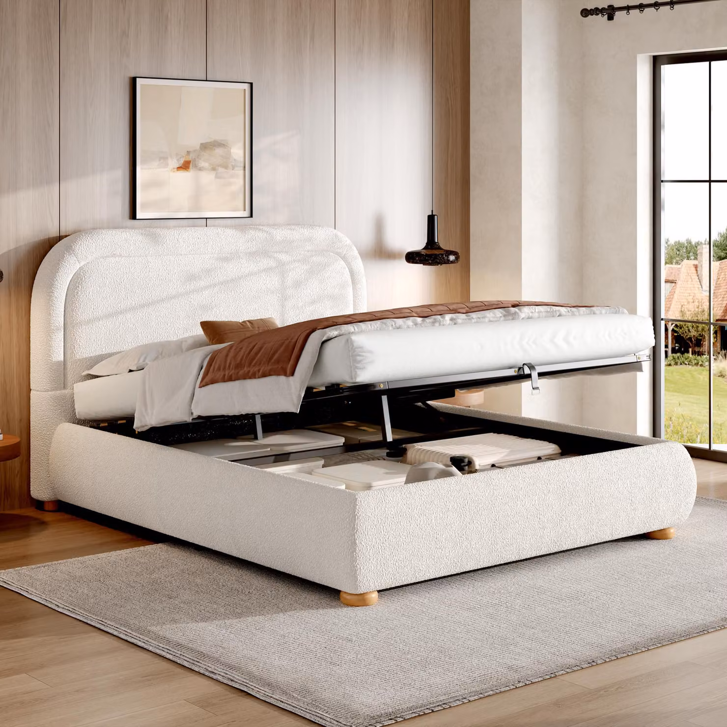 okwish Letto imbottito 160x200 cm con ampio vano contenitore e testiera imbottita, letto per ragazzi con rete, letto matrimoniale con gambe in legno di gomma, bianco (con materasso)