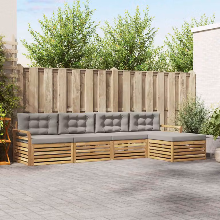 Set di divani da esterno vidaXL a forma di L in legno di acacia con pouf e cuscini, Bianco e Grigio