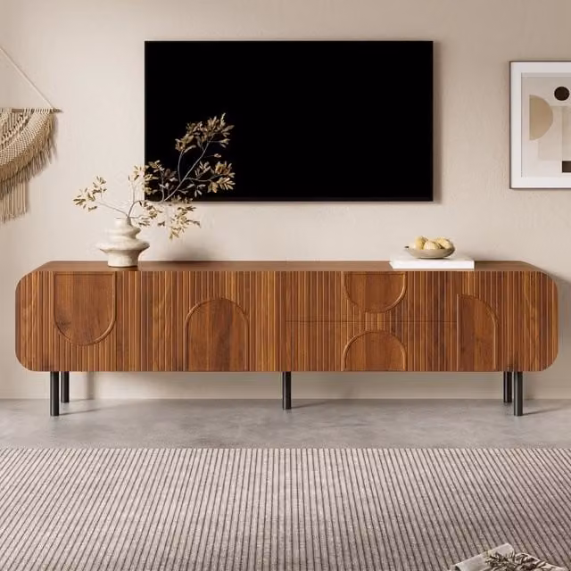 Mobile porta TV con 3 ante 2 cassetti passacavi e gambe in metallo in MDF e truciolare noce 180 × 40 × 47,5 cm