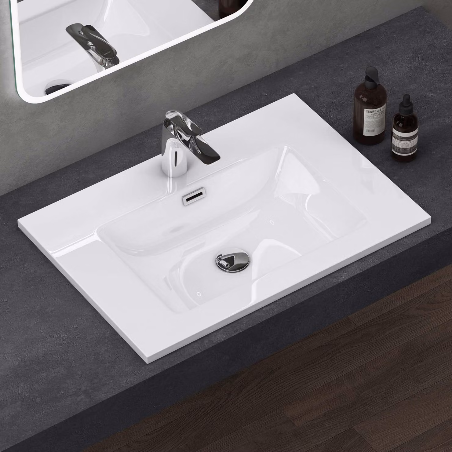 doporro Lavabo Integrale a Incasso Soprapiano 70x48x14 cm Rettangolare in Marmoresina Bianco Lucido, Lavabo Bagno da Appoggio con Foro Rubinetto e Troppopieno Colossum02