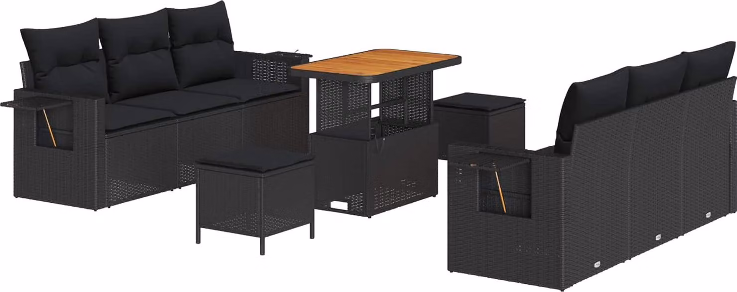 Set Divano da Giardino con cuscino 9 pcs Nero polyrattan