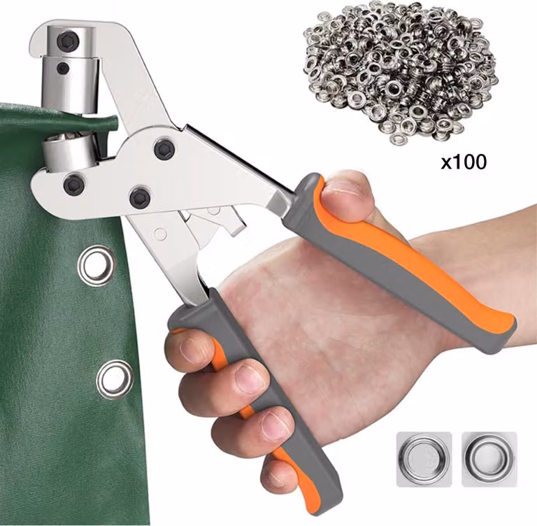 Pinza occhielli + set occhielli in metallo – Riparazioni facili per tessuti e teloni (100 pezzi) – GripTool