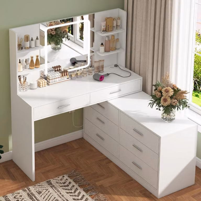 Comò da trucco con specchio a LED, 8 cassetti, prese di corrente, bianco, forma a L