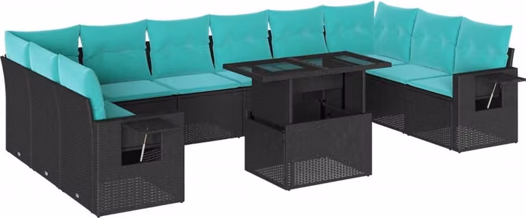 set di divani da giardino da 11 pezzi con cuscini, in polyrattan nero