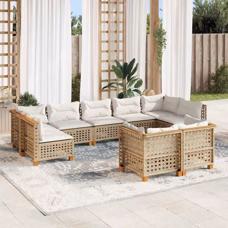 vidaXL Set Divano da Giardino 9 pz a L in Polyrattan e Legno di Acacia con Cuscini Beige e Ottoman