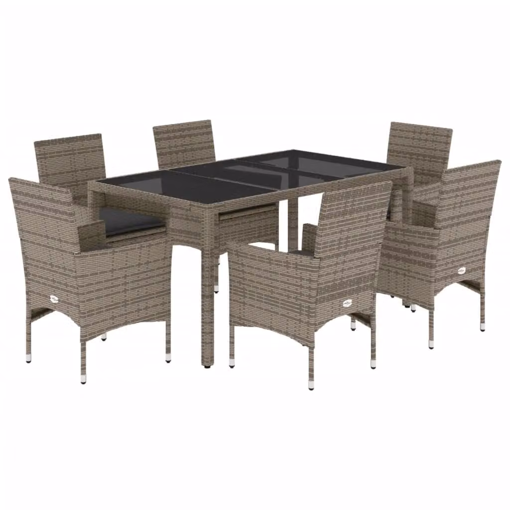 Set da Pranzo da Giardino 7 pz con Cuscini Polyrattan e Vetro