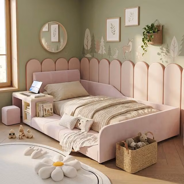 Letto singolo Mivray rosa con testiera in velluto, scrivania e sgabello integrati, L/P: 90 x 200 cm – 1