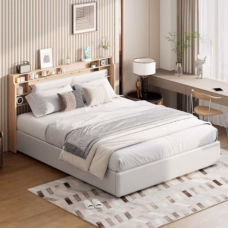 Letto in legno UnboxG letto classico 160x200cm con LED, letto matrimoniale letto contenitore letto giovanile letto matrimoniale con rete a doghe e contenitore, bianco