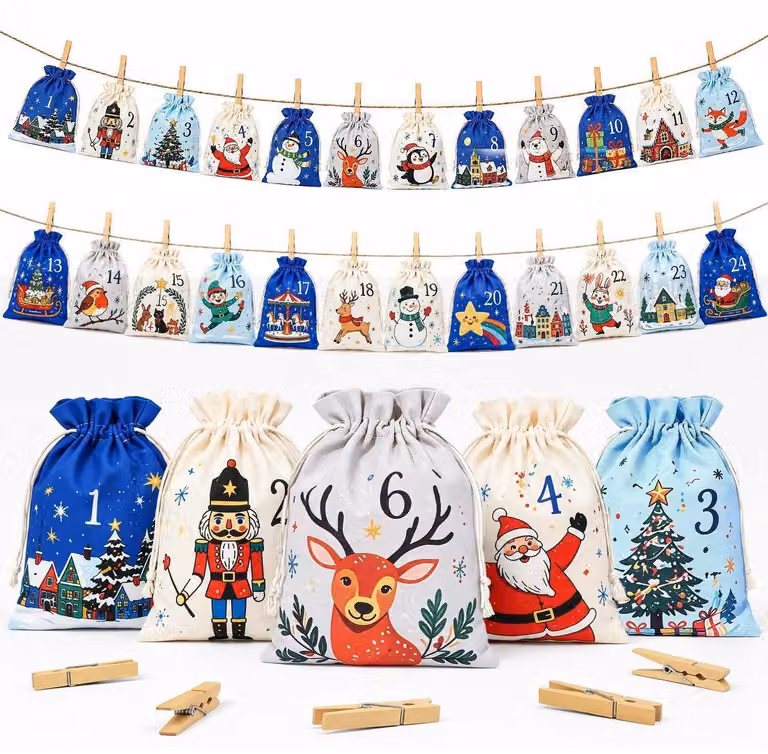 Calendario dell'Avvento da riempire: 24 sacchetti di tessuto, dimensioni 15x20 cm, con graffette di legno e spago, modello 2026