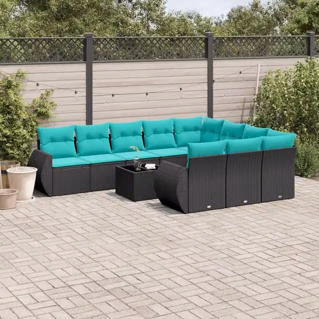 Set Divani da Giardino 11 pz con Cuscini Nero in Polyrattan 3221896