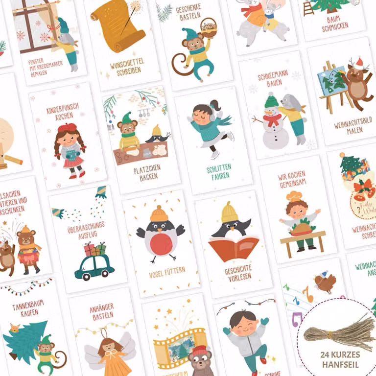 Calendario dell'Avvento con 24 bigliettini attività, dimensioni 50 x 80 mm, con corda di iuta