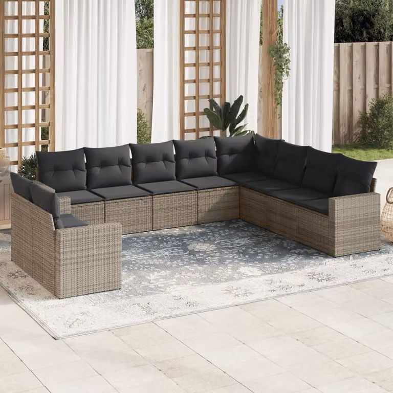 Set Divano da Giardino vidaXL 10 pz in Polyrattan Grigio con Cuscini Imbottiti
