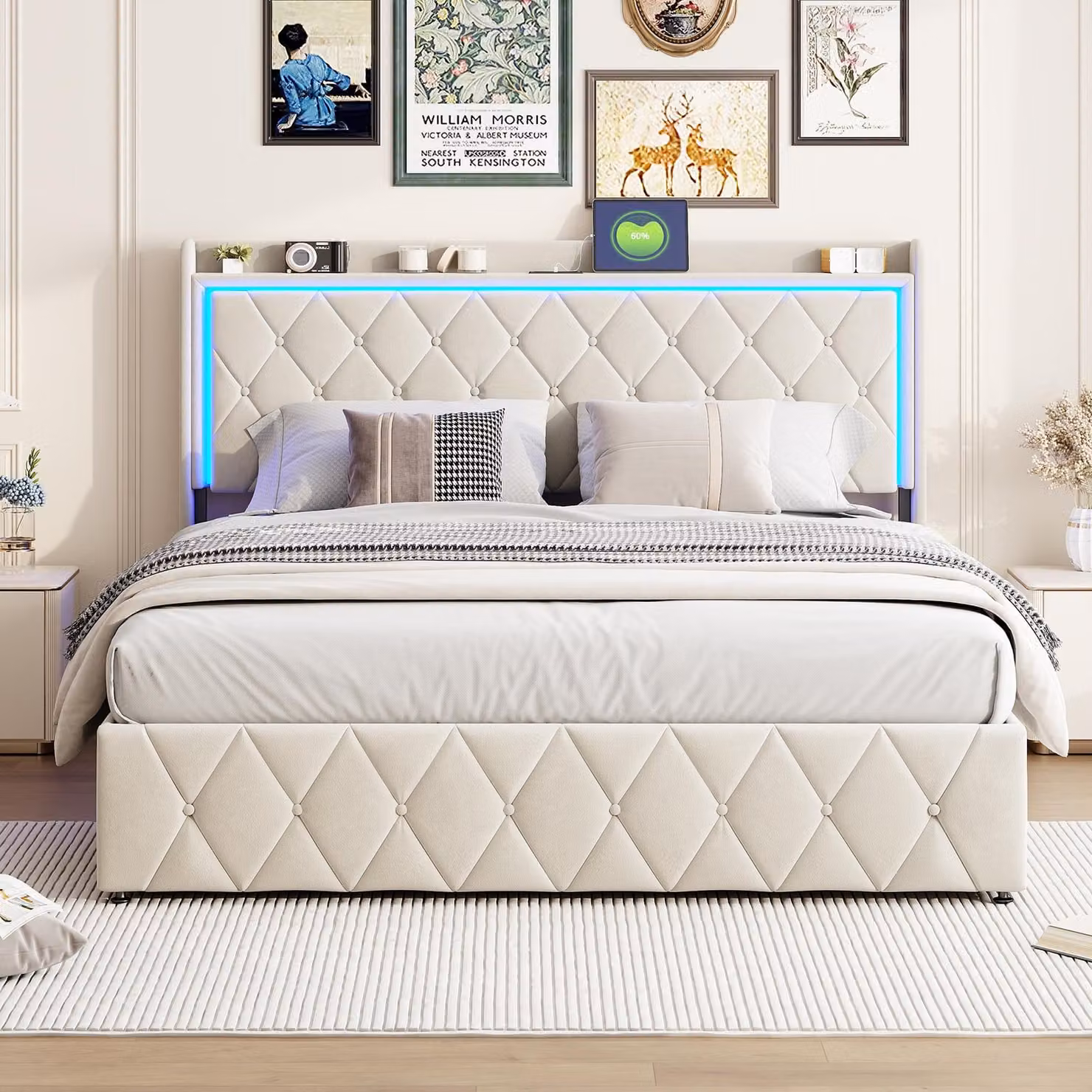 Letto imbottito REMZETTA, 140x200 cm, beige, con LED, USB e porta Type-C, testiera contenitore e contenitore a cassetti