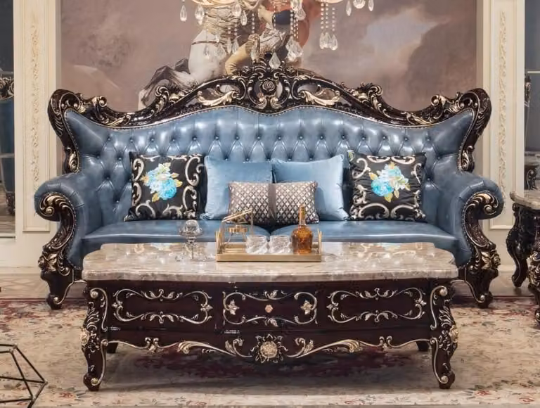 Eleganter 3-Sitzer Sofa Blau Kunstleder Dreisitzer Wohnzimmer Polstersofa