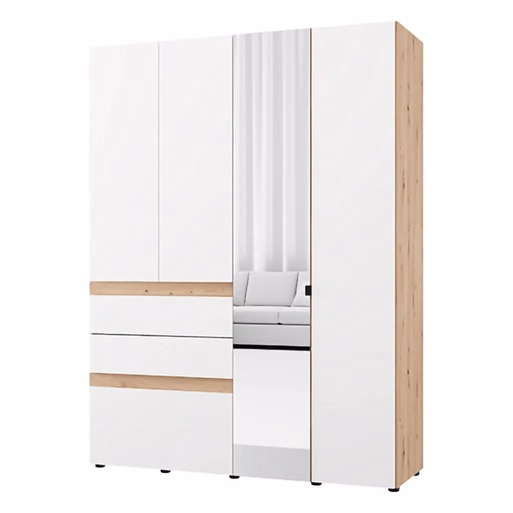 Armadio da camera da letto DMORA Ushuaia con specchio e illuminazione LED, Bianco Opaco e Rovere, L: 155 cm, H: 208 cm – 2