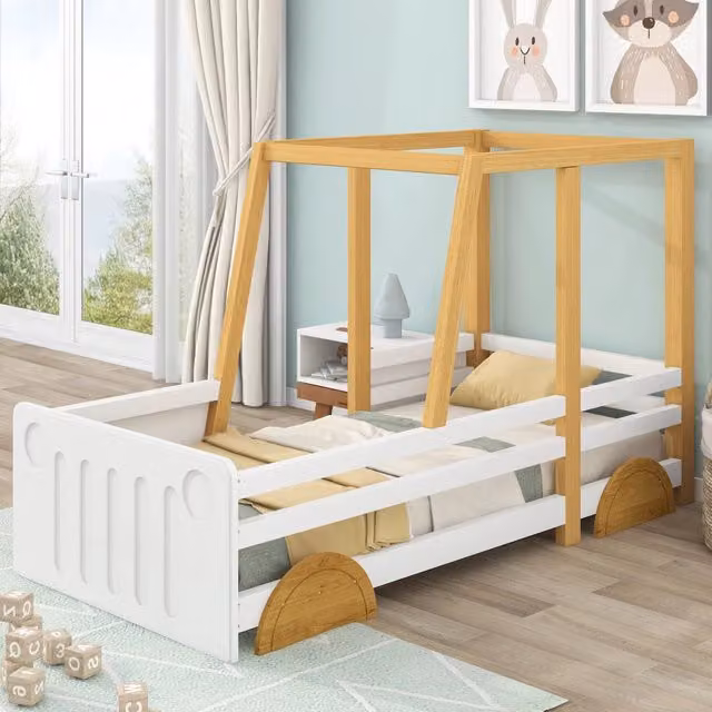 Letto a forma di auto per bambini bianco e natural in MDF 90x200cm
