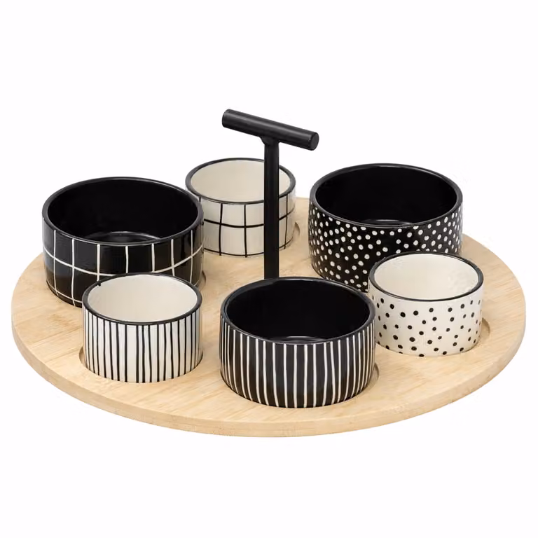 Antipastiera GUSTO CASA Linea Shirokuro con 6 Ciotole in Ceramica Nera a Pois e Base in Bamboo