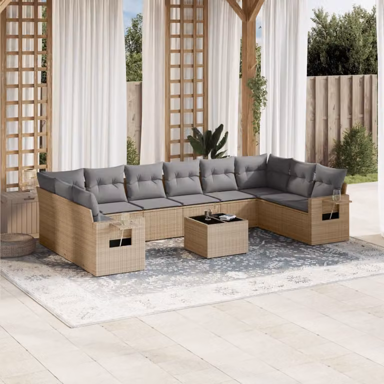 Set di divani da giardino vidaXL 11 pz in polyrattan beige con cuscini e tavolino da esterno