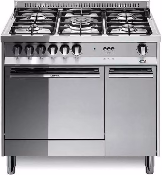 Cucina Freestanding Lofra MR96GV-C in Acciaio Inossidabile con 5 Fuochi a Gas, 2 Forni (Elettrico e Gas da 66 L) e Grill con Convezione, L: 90 cm, P: 60 cm, H: 90 cm